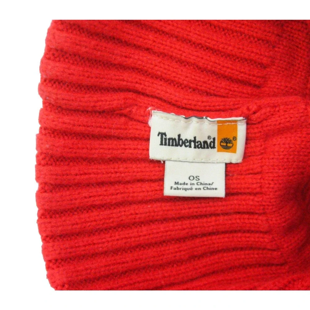 Timberland Beanie Womens Red Knit Hat One Size Logo Warm Winter Ski Cap